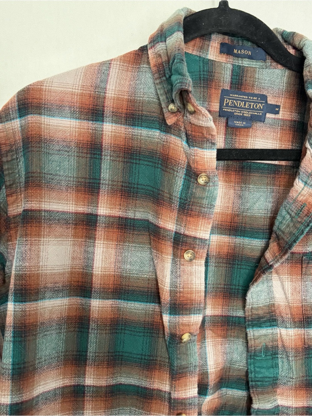 PENDLETON MASON Green Plaid Long Sleeve Flannel Shirt Mens M Hiking Outdoors - Picture 2 of 7